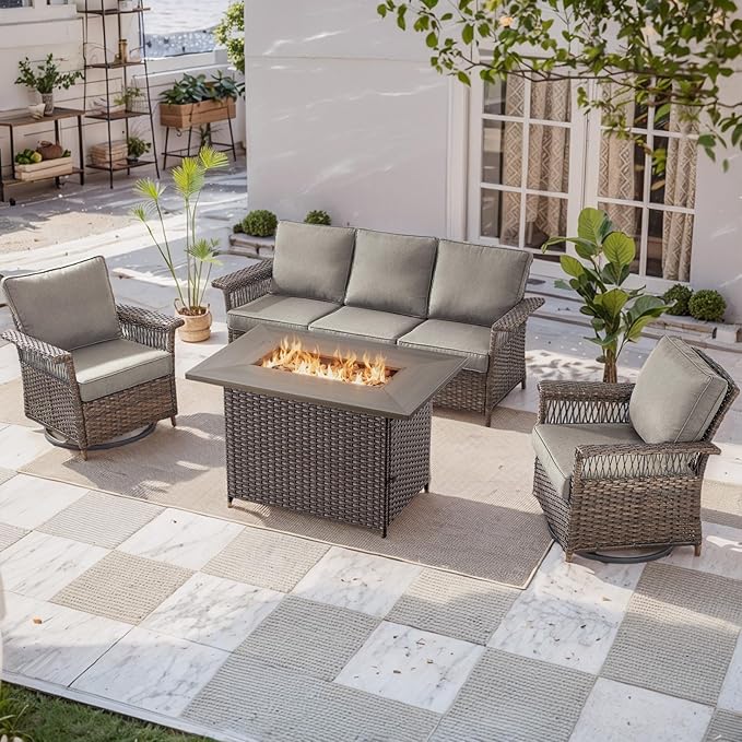 Patio Furniture Set with Fire Pit Table, 4PCS Patio Conversation Set Brown Resin Wicker Swivel Patio Chair and Sofa with 41in Rectangular Fire Table PE Rattan Patio Furniture Set