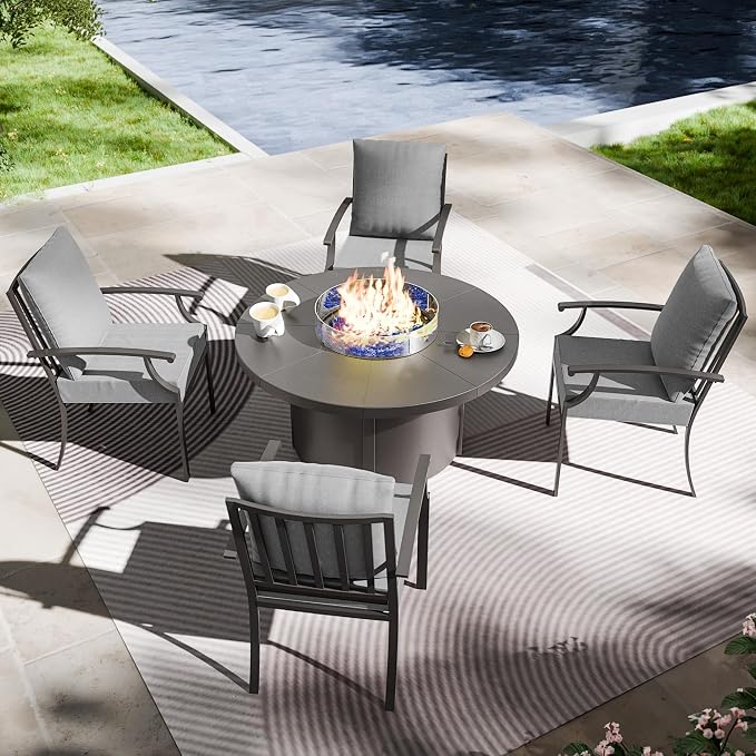 Kullavik 5 Piece Metal Outdoor Patio Furniture Set with Fire Pit Table,Outdoor Dining Table Set with 4 Fixed Chairs and 55000 BTU Outdoor Round Fire Pit,Grey