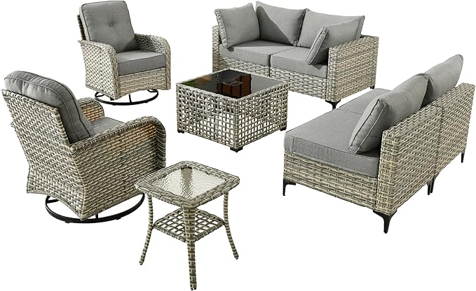 Outdoor Patio Furniture Sets, 8 PCS Patio Conversation Set Outside Rattan Sectional Sofa with Wicker Rocking Chairs Coffee Table Soft Cushion Fit Backyard Porch Garden Poolside Balcony