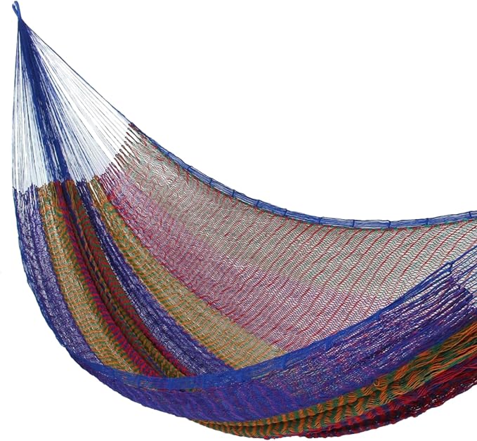 NOVICA Artisan Rainbow Seascape Double Hammock, Blue Striped Handmade Nylon Mayan Rope Style from Mexico, Bed 78in L x 78in W, Total Length 158in L