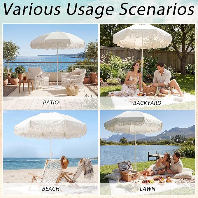 Boho Fringe Beach Umbrella with Extra Large Picnic Blanket Set, 6.5Ft UPF50+ Tassel Ruffles Umbrella 71"x 91" Picnic Blanket for Beach Wedding Bridal Shower Birthday Party Patio Lawn