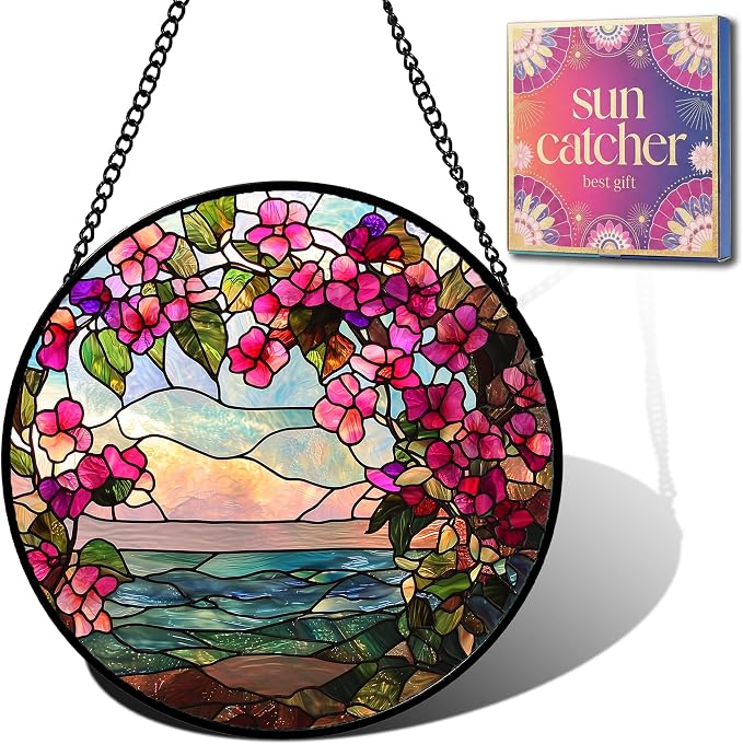 Birthday Gifts for Women - Ocean Flowers Faux Stained Glass Window Hanging Sun Catcher for Door Garden Acrylic Scenery Decor Mother's Day Christmas for Mom Men Nana Grandma Sisters 9.8"