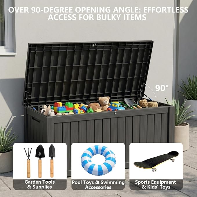 Outdoor Storage Box, 150 Gallon Waterproof Deck Box [Upgraded 3.0], Piston-Assisted Resin Trunk for Sectional Sofa Cushions, High-Capacity Lockable Double Storage Bench, Patio Lounge, Black