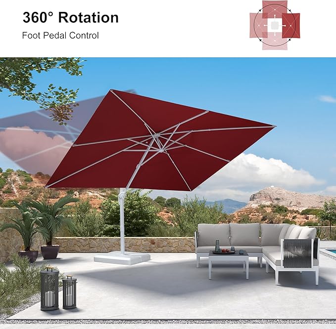PURPLE LEAF 9' × 11.5' Patio Umbrella With Base White Cantilever Umbrella Square Outdoor Offset Windproof with 360° Rotation for Garden Deck Pool, Ruby Red