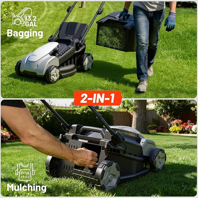 Litheli 40V (2×20V) Electric Lawn Mower 16″, Battery Push Mower with Brushless Motor, 6 Position Height Adjust, 50L Grass Catcher, 2×5.0Ah Batteries & Charger