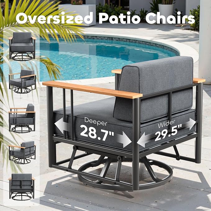 Luxury Outdoor Furniture Set with Swivel Chairs, 7 PCS Patio Furniture Set with 6" Extra Thick Cushions, Suitable for Porch, Balcony, Deck, Patio, Yard, Poolside, Black/Grey