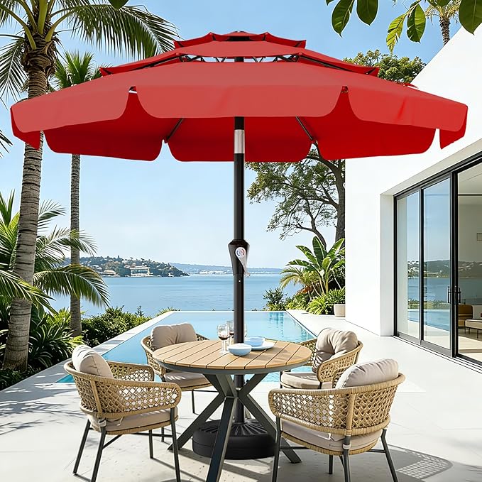 AreShark 9FT 3-Tiers Patio Umbrella with Valance, Outdoor Umbrellas with Crank/Tilt, Table Market Umbrella Vented w/ 8 Sturdy Ribs for Garden, Deck, Backyard, and Pool, Red