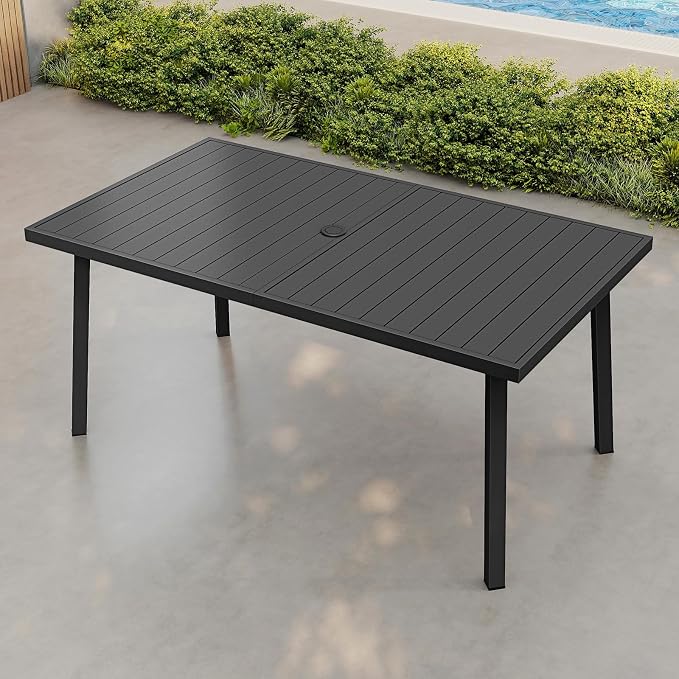 Never-Rust Aluminum Patio Dining Table, 63" x 35" Rectangular Outdoor Dining Table for 6, Outdoor Patio Table with Umbrella Hole for Poolside, Commercial, Porch, Deck, Black