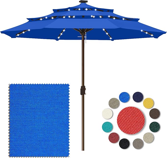 Eurmax USA 10-Year-Non-Fading 10FT 3-Tier Outdoor Patio Market Umbrella with LED Lights,UPF50+ UV Resistant,Commercial Grade,Crank Lift Design,Windproof Vented Top for Garden,Pool,Deck,Pacific Blue