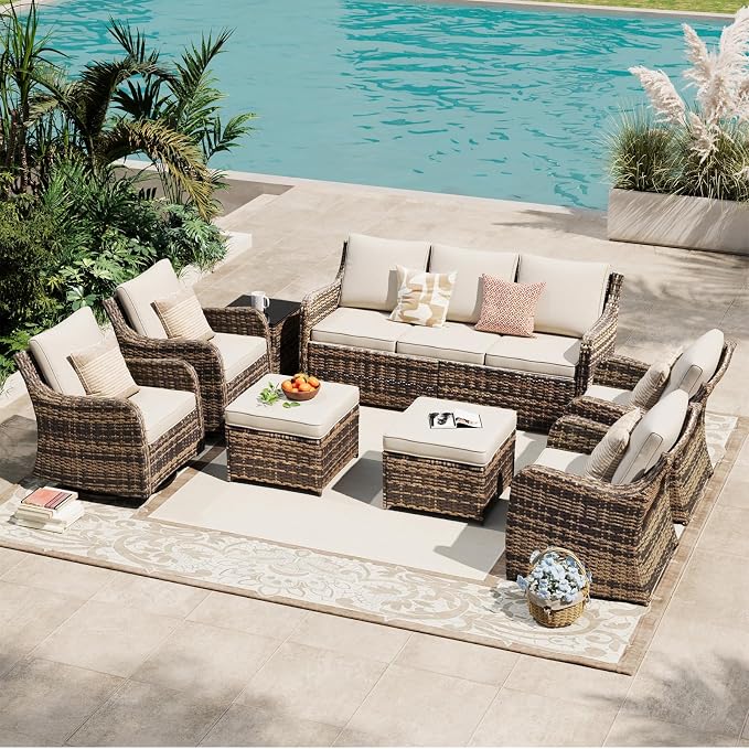 MEISSALIVVE 8 Pieces Patio Furniture Set with Swivel Chair, Wicker Patio Sofa, Rattan Conversation Set with Three-seat Sofa, 2 Fixed Single Chair for Lawn Backyard (Brown)