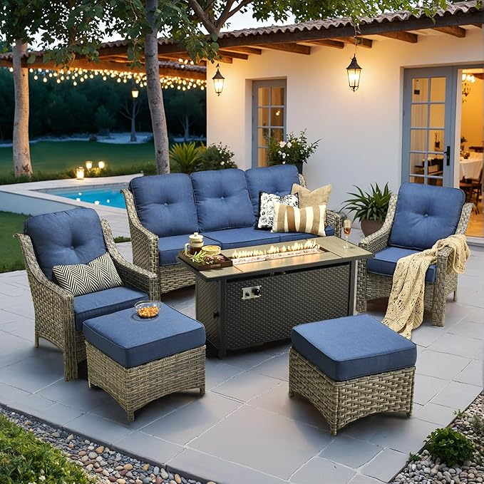 HOOOWOOO Patio Furniture Set,6 Pieces Wicker Outdoor Furniture,High Back Conversation Set with All Weather Resistant Fire Pit Table Couch Chairs Ottomans,Denim Blue