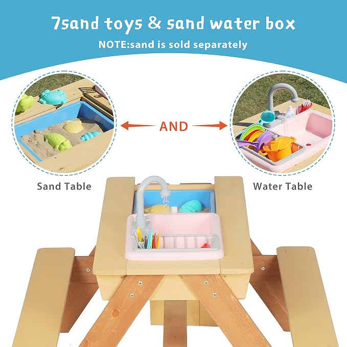Wooden Kids Picnic Table, 3-in-1 Sand and Water Table with Height Adjustable Umbrella, Activity Table for Outdoor Backyard Patio Play
