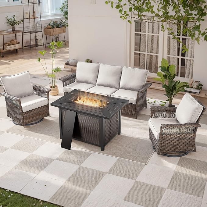 Patio Furniture Set with Fire Pit Table, 4PCS Patio Conversation Set Brown Resin Wicker Swivel Patio Chair and Sofa with 43in Rectangular Iron Fire Table PE Rattan Furniture Set