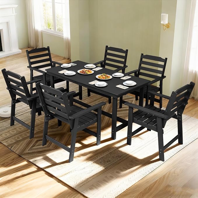 FUNBERRY Outdoor Dining Set, HDPE 7 Piece Dining Table Set with Chairs | 2" Umbrella Hole Table, Wood-Grain, HDPE All Weather, No Rot or Rust or Crack, UV Fade Shield, Easy-Clean for Outside