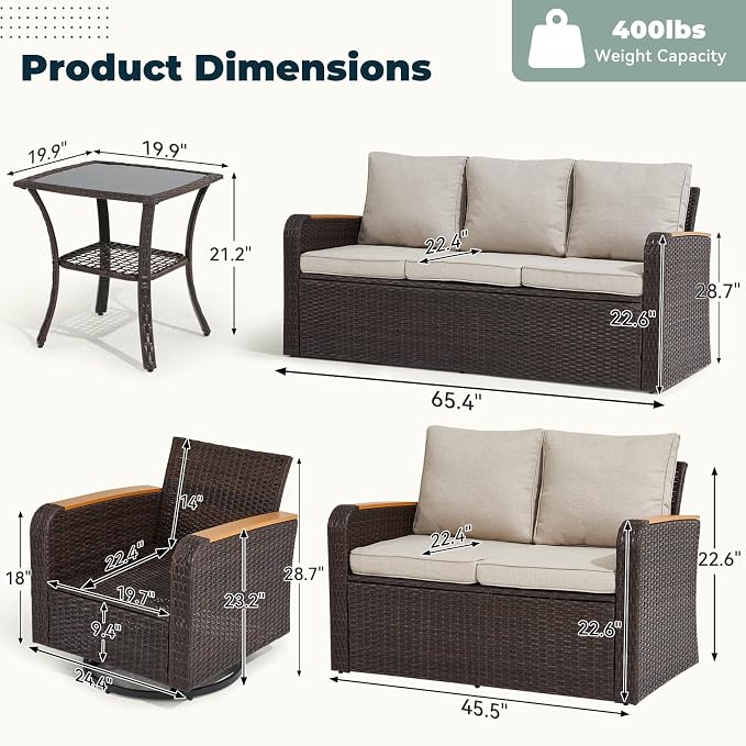6 Pieces Patio Furniture Sets with Swivel Chairs, Wicker Outdoor Furniture Set for Porch Deck Bistro Lawn Garden Backyard Poolsid- Brown Rattan/Khaki