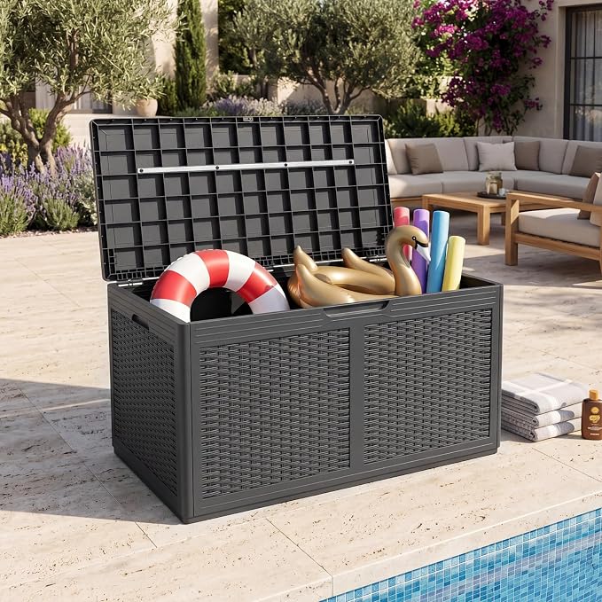 Giantex 100 Gallon Resin Outdoor Storage Box, Waterproof Deck Box w/Lockable Lid & Wheels, Rattan Storage Container Bench for Patio Cushions, Pool Accessories, Gardening Tools, 440 lbs (Grey)
