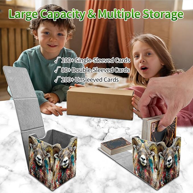 Brown Bighorn Sheep Card Deck Box for MTG, Personalized Card Storage Case Fits 120+ Sleeved Cards, Premium Leather TCG Box with Strong Magnetic Closure for Magic, CCG, PTCG, Baseball Cards