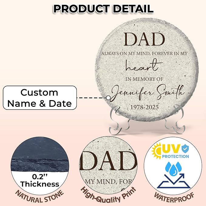Personalized Dad Memorial Garden Stone, Custom Sympathy Stone for Loss of Father Mom Grandparents, Bereavement Gifts for Loss of Loved One Memorial Plaque, Family Keepsake for Garden Outdoor Décor