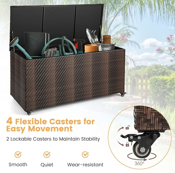 Giantex 96-Gallon Outdoor Storage Box - PE Wicker Deck Box with Lid, 4 Wheels, Waterproof Liner, outside Rattan Storage Container for Patio Cushions, Garden Tools Accessories Storage Box (Mix Brown)