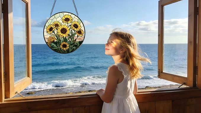 Stained Glass Window Hanging - Sunflowers Pattern 6.3 Inches Suncatcher for Garden Home Decor for Women Mon Grandma Friends