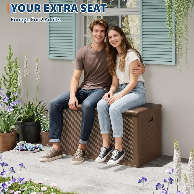 150 Gallon Heavy Duty Outdoor Storage Box Waterproof Resin Deck Box, Lockable Lid, Large Patio Storage Cabinet for Cushions, Tools & Gear, Weatherproof Bench for Garden, Backyard & Porch