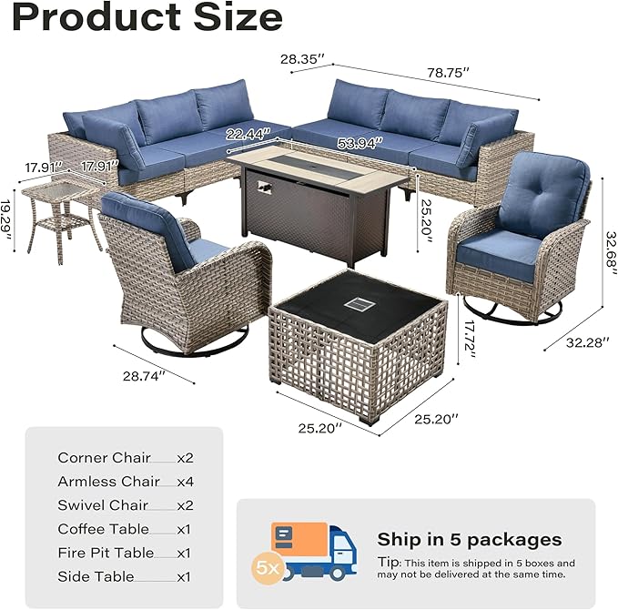 11 Pieces Outdoor Sectional Patio Furniture Set with 54" Fire Pit,Wicker Conversation Sets Rattan L Shaped Couch Swivel Rocking Chairs,Modular Outdoor Sofa for Porch Balcony Backyard Blue