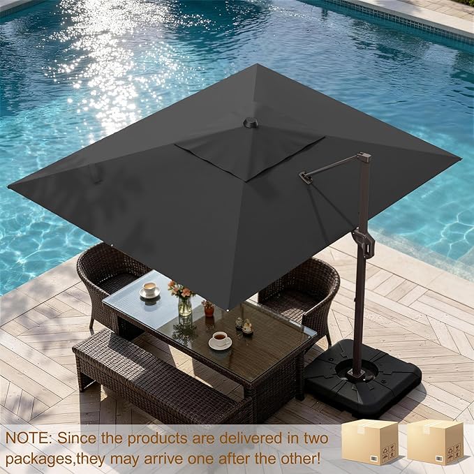 9' X 12' Cantilever Patio Umbrella Rectangle Outdoor Umbrella with Base Included, 6-Level Tilt & 360° Rotation Offset Umbrella for Garden, Deck, Pool (Black)