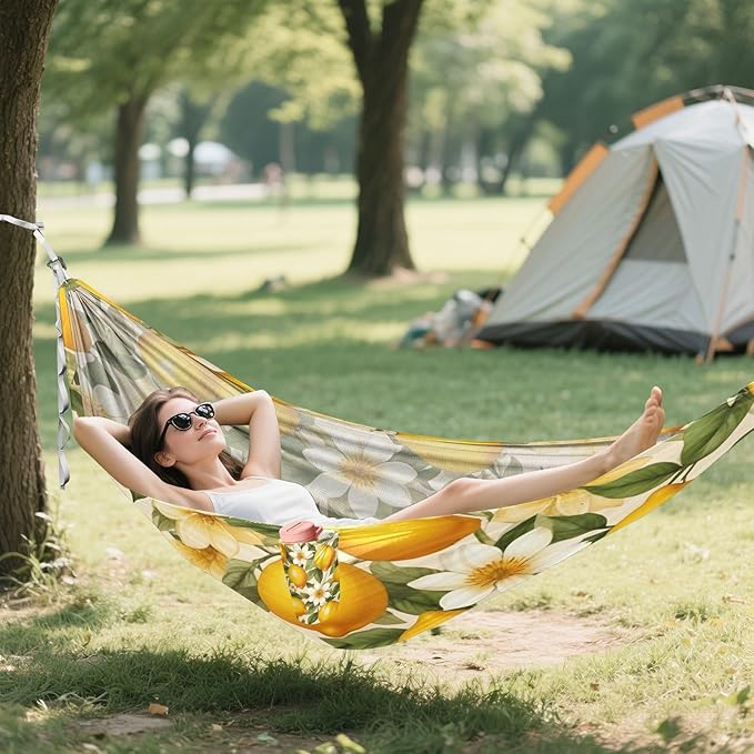 Hammocks for Outside Lemon Print Flower Camping Hammock Portable Hammocks with Tree Straps and Carry Bag Camping Accessories for Hiking Beach Outdoor