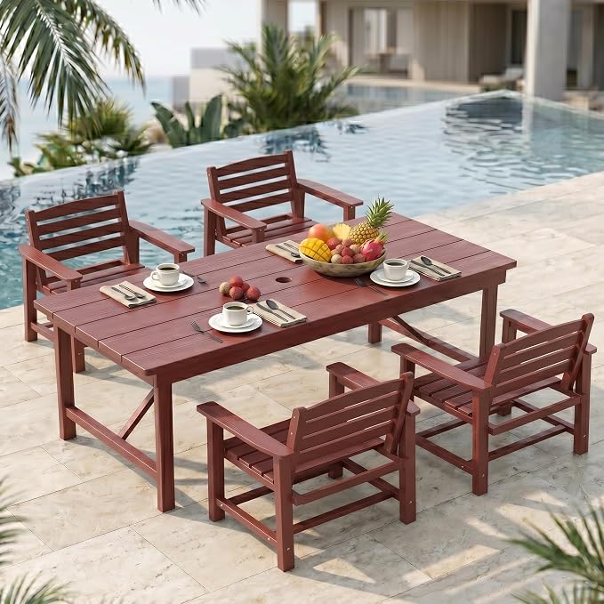5-Piece Outdoor Dining Set for 4,Terracotta | HDPE table, chairs included, umbrella hole design, weather-resistant furniture, perfect for balcony, deck, backyard