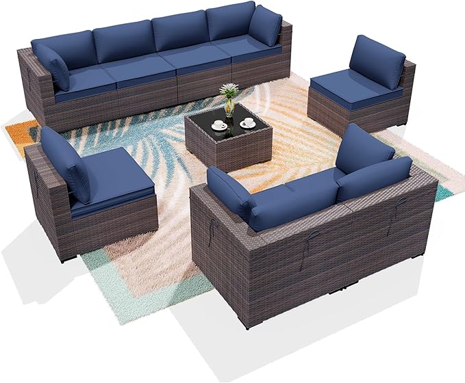 ALAULM 9 Pieces Patio Furniture Set Wicker Patio Conversation Set with 4 Corner Sofas, Outdoor Sectional Furniture w/Coffee Table & Washable Seat Cushions-Dark Blue