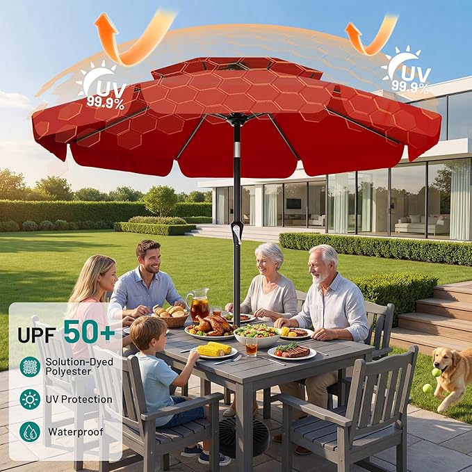 AreShark 10ft 2-Tier Patio Umbrella with Valance - Outdoor Umbrella Waterproof UV Protection, Market Table Umbrella w/Push Button Tilt&Crank for Pool, Balcony, Garden(Red)
