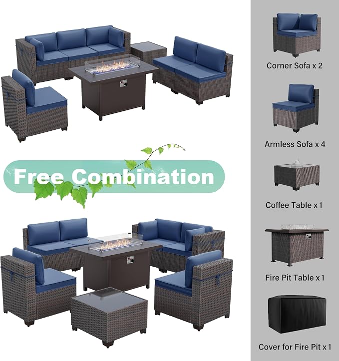 ALAULM 8 Pieces Patio Furniture Set with Aluminum Fire Pit Table Outdoor Furniture Sets 55000BTU Gas Fire Pit Brown PE Rattan Wicker Patio Conversation Sets w/6 Cushions-DarkBlue