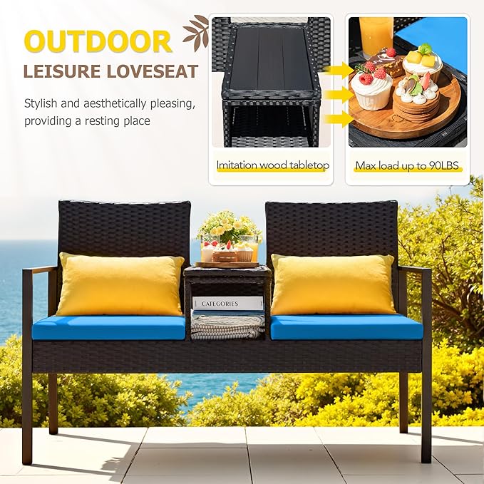 Greesum Patio Conversation Set Outdoor Wicker Furniture Sets with Soft Cushions and Built-in Coffee Table for Lawn, Garden and Backyard, Blue