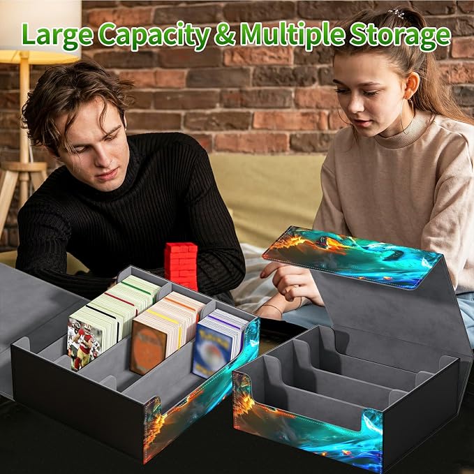 Card Deck Box for MTG, Cards Storage Box Fits 120+ Sleeved, Leather Big Size Strong Magnetic Closing Case for Board Games Magic TCG CCG Baseball Collection Women Man, Two Flaming Wolves