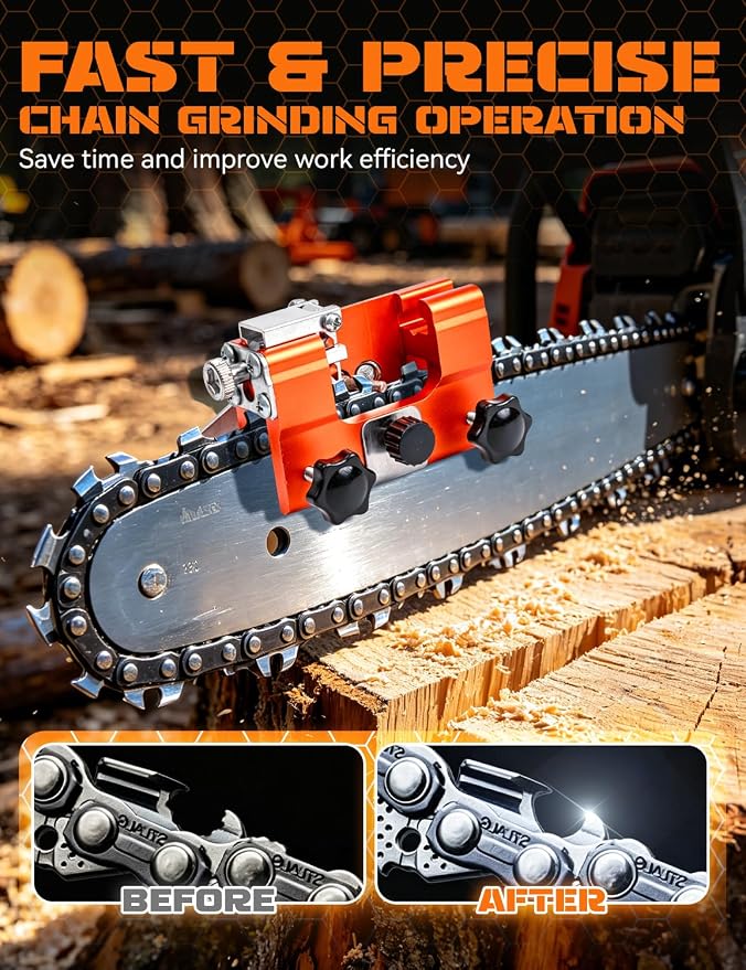 Chainsaw Sharpener Tool, Hand Crank Chain Saw Sharpener with 30° Angle Guide & Adjustable Clamp, Portable Chainsaw Kit for 4-22" Chains Gas & Electric Chainsaws (Orange-Small+10 Head)