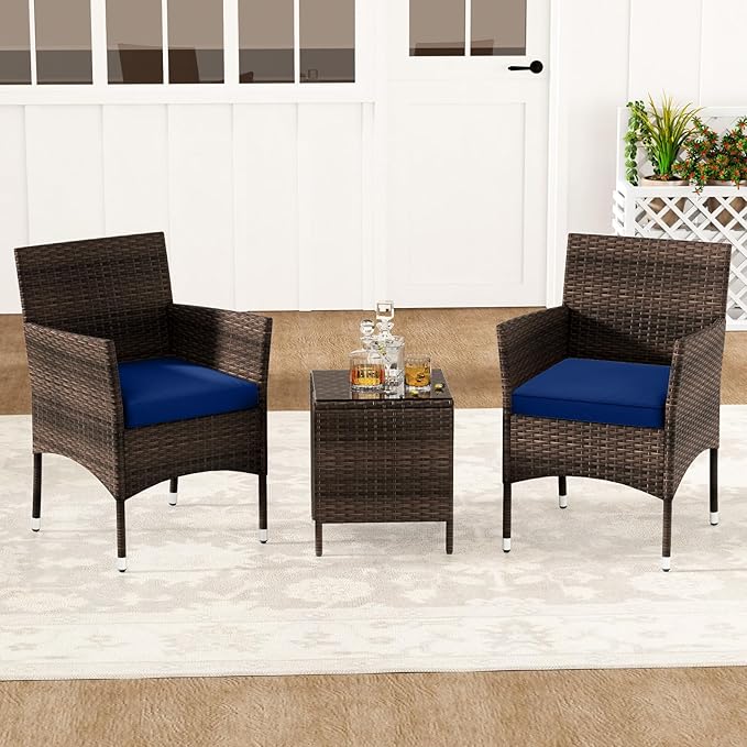 RELAX4LIFE 3-Piece Patio Furniture Set - Rattan Wicker Outdoor Conversation Set w/Cushions & Glass Coffee Table, Balcony Furniture for Porch Garden Backyard, Bistro Table and Chairs Set of 2 (Navy)