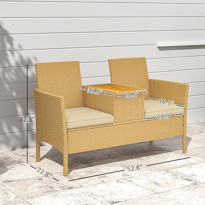 Chair with Center Table, Patio Loveseat for Garden Porch, Chairs with Coffee Table, Patio 2-Seat Chair,Outdoor Patio Loveseat Modern Patio Conversation Set & Built-in Coffee Table Porch Furniture