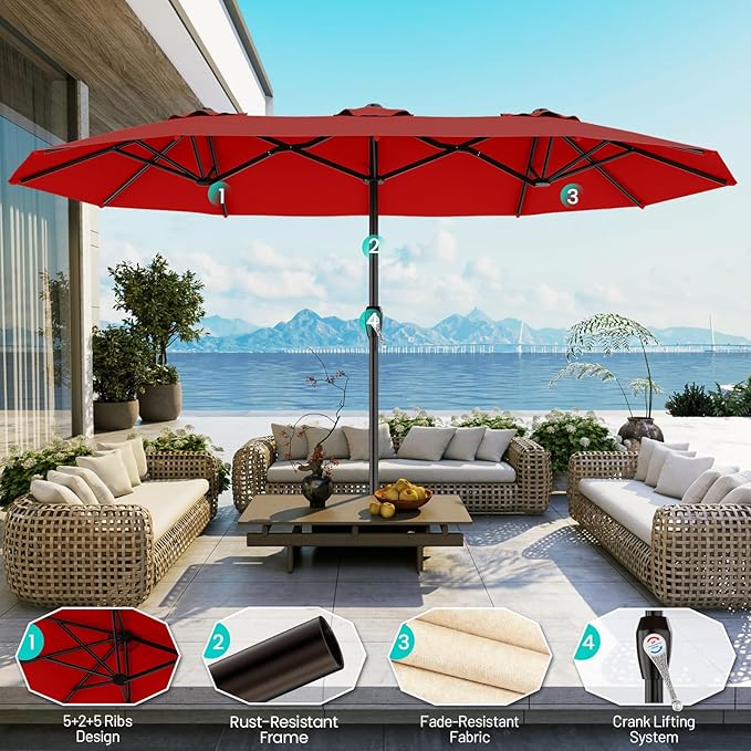 AreShark 15FT Outdoor Patio Umbrella with Crank, Large Rectangular Market Umbrella, Double-Sided Outdoor Umbrellas with Cross Base & Sandbag for Porch, Lawn, Pool, Backyard, Red