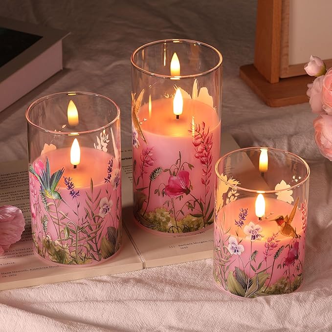 Pink Hummingbird Glass Flameless Candles with Remote, Flickering LED Pillar Candles Battery Operated Set of 3, Spring Home Shelf Decor