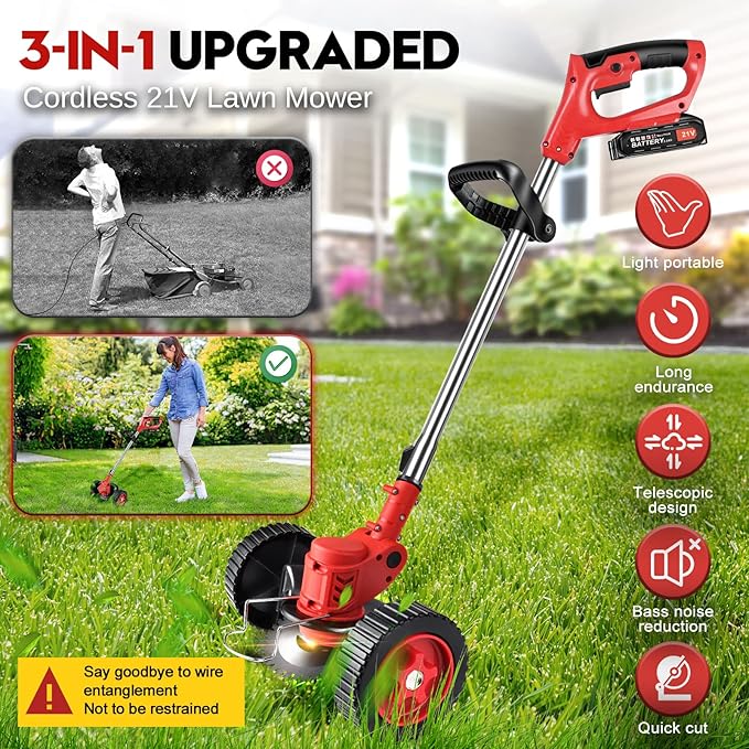 Cordless Weeder Mower Battery Powered 21V 2000mAh, Electric Weeder Brush Cutter, Height Adjustable Edge Trimmer mini Mower 3-in-1 Cutting Tool, 8 Blades, 1 Wheel, 2 Batteries, 1 Charger