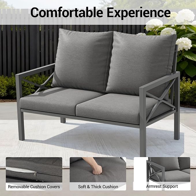 2-Piece All-Weather Metal Patio Furniture Set, Cushioned Loveseat 2 Seats Sofa Bench w/Coffee Table, Heavy Duty Steel Frame & Washable Cushions for Backyard Garden (Grey)