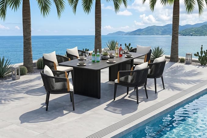 PURPLE LEAF 7 Pieces Outdoor Dining Set for 6, Aluminum Outdoor Patio Table and Chairs Set with Olefin Cushions, All-Weather Patio Dining Set for Garden or Deck, Grey