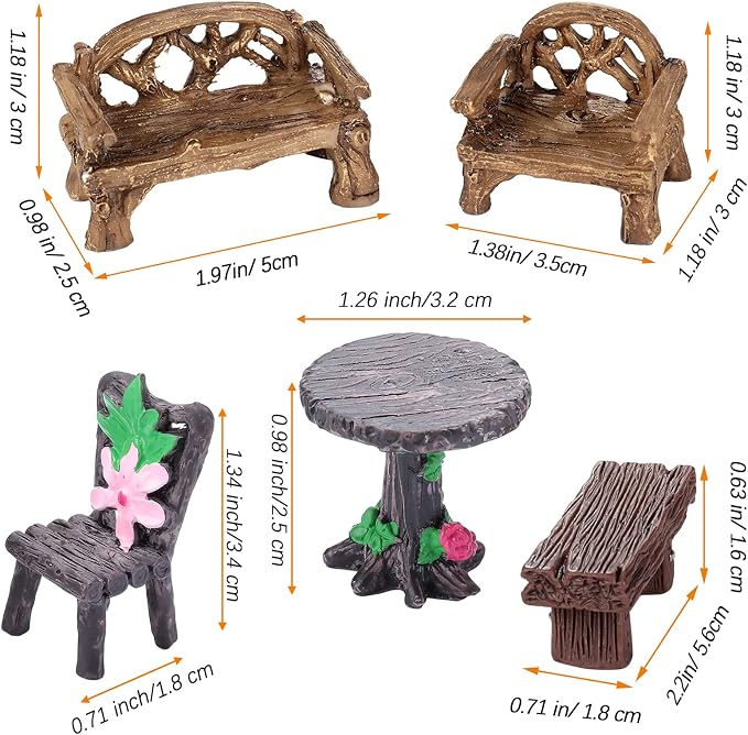 Skylety 12 Pieces Garden Furniture Ornaments Miniature Table and Chairs Set Village Micro Resin Bench Chair for Fairy Garden Accessories Home Micro Landscape Decor(Cute Style)