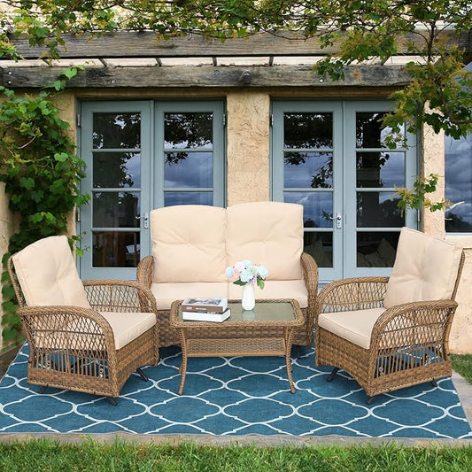 4-Piece Wicker Patio Furniture Sets Outdoor All-Weather Rattan Conversation Set Includes Glider Loveseat, Glass-Top Coffee Table, 2 Glider Rocker Chairs with Thickened Cushions