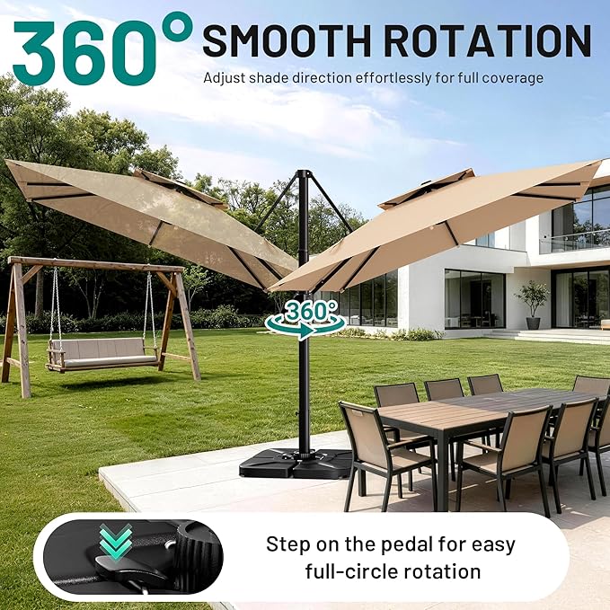 AreShark 11×11FT Double-Top Cantilever Patio Umbrella with Base Included, Offset Umbrella with 360 Degree Rotation, Heavy Duty Patio Umbrella for Garden Deck Pool, 5 Tilt Angles, Beige