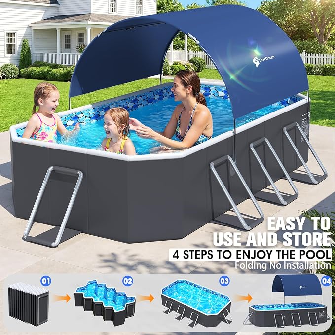 StarOcean Foldable Pool with Canopy,Non Inflatable Pool,Large Foldable Swimming Pool for Adult Portable Pool,Large Collapsible Kid Pool with Shade,Folding Kid Pool for Backyard,90x50x20 in-Dark Blue