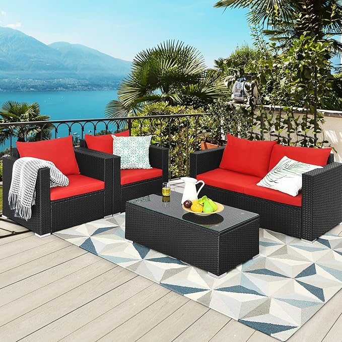 COSTWAY 4-Piece Patio Rattan Furniture Set, Cushioned Sofa Chair, Loveseat and Coffee Table with Tempered Glass Top, Outdoor Conversation Sets for Garden Poolside Balcony Porch (Red)