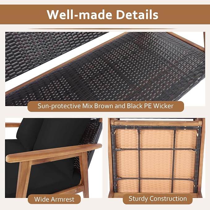 COSTWAY 4 Pieces Acacia Wood Patio Conversation Set, Outdoor Wicker Sofa with Coffee Table & Cushions, Patio Rattan Furniture Set for Yard, Porch, Poolside, Balcony, Backyard, Black & Turquoise