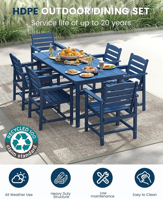 FOOWIN Outdoor Table and Chairs Set 7-Piece HDPE All Weather Patio Dining Set with Umbrella Hole,Outdoor Patio Furniture Dining Set for 6,Patio Kitchen Table Set for Garden,Backyard,Poolside Blue