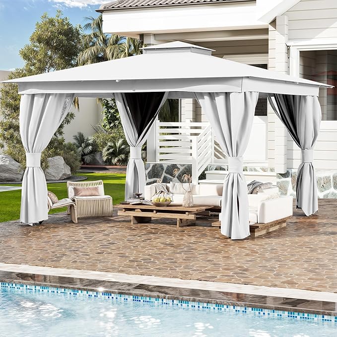 MELLCOM 10'x13' Outdoor Gazebo for Patio, White, Heavy Duty Party Tent with Double Roofs, Outdoor Canopy with Curtains and Nettings for Deck, Lawn and Backyard